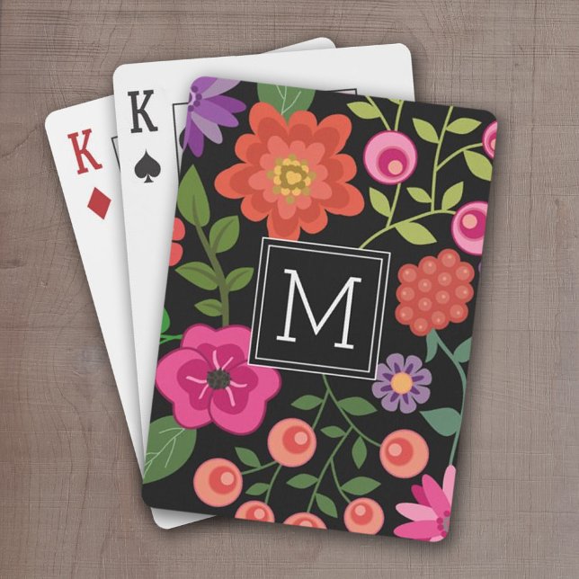 Jeu De Cartes Motif floral noir tendance avec Monogramme personn (Add a name or monogram to these personalized playing cards.)