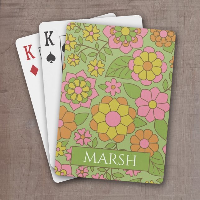 Jeu De Cartes Motif floral Pastel coloré - Monogramme (Retro floral pattern in green, pink and orange -- personalize with your name)