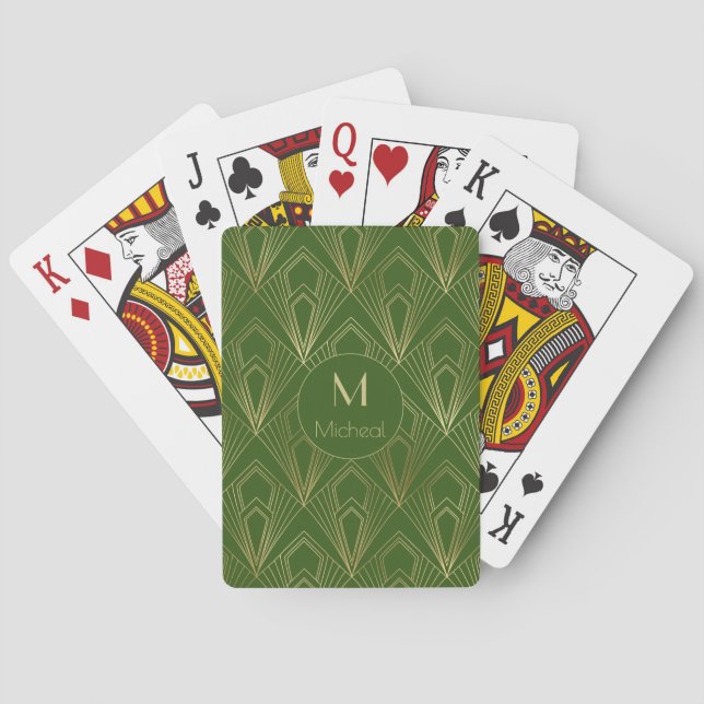 Jeu De Cartes Motif géométrique vert et or | Monogramme (dos)