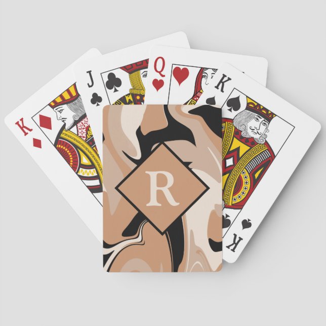 Jeu De Cartes Motif Marbré Noir Marron Crème avec Monogramme (dos)