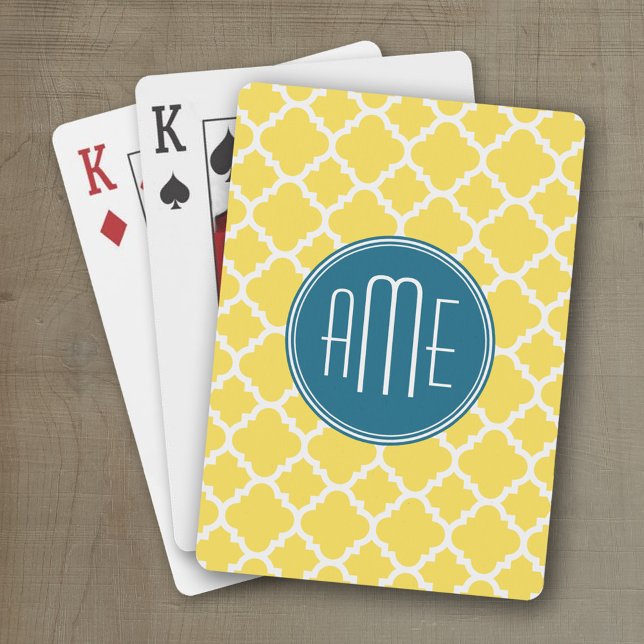 Jeu De Cartes Motif Quatrefoil jaune Turquoise monogramme person (Personalized playing cards with a fun area to add text such as a name or monogram)