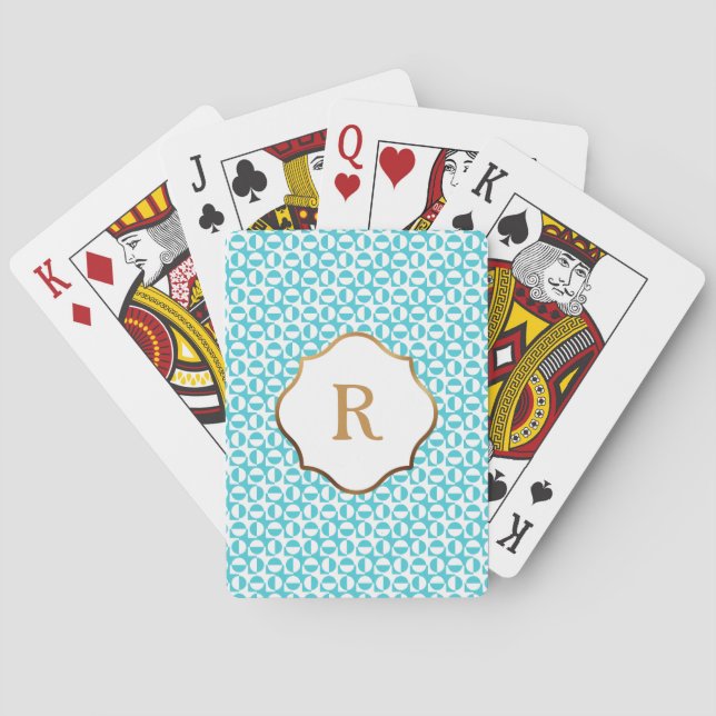 Jeu De Cartes Motif Rétro Diagonal Aqua et Blanc avec Monogramme (dos)