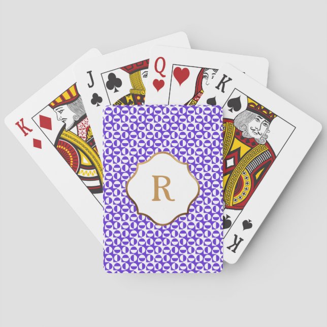 Jeu De Cartes Motif Rétro Diagonal Blanc Violet Monogramme Doré (dos)