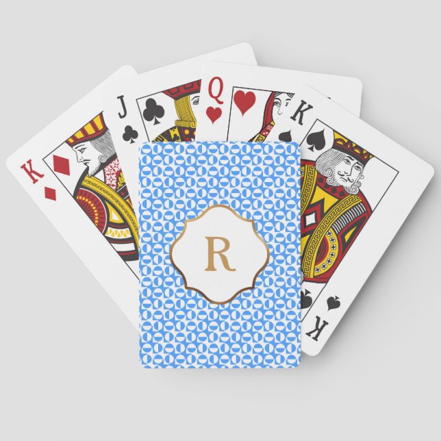 Jeu De Cartes Motif Rétro Diagonal Bleu & Blanc Monogramme Or (dos)