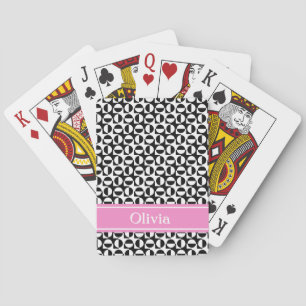 Jeu De Cartes Motif Rétro Diagonal Noir & Blanc avec Bande Rose
