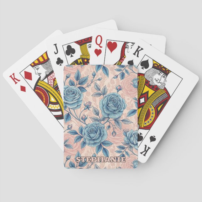 Jeu De Cartes Motif Rose bleu rétro sur Arrière - plan rose doux (dos)