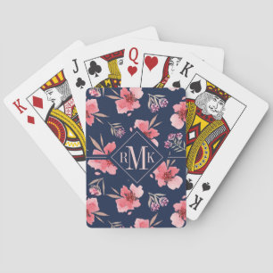 Jeu De Cartes Motif rose foncé d'aquarelle du monogramme  