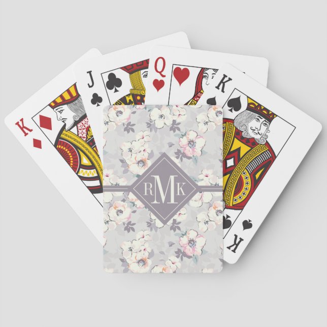 Jeu De Cartes Motif rose mou d'aquarelle du monogramme | (dos)