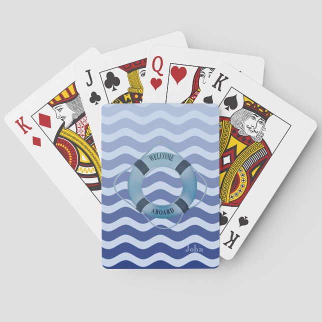 Jeu De Cartes Nautical Marin Rayures Vagues Bleu Nuit (dos)