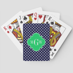 Jeu De Cartes Navy Blanc pois émeraude quatrefeuille 3 monogramm