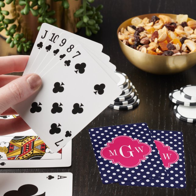 Jeu De Cartes Navy Blanc pois framboise quatrefeuilles 3 Monogra (In Situ)