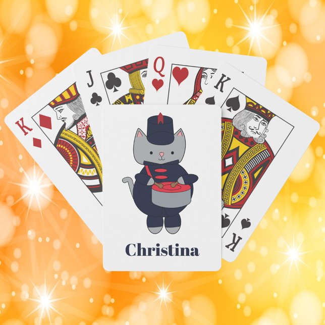 Jeu De Cartes Navy Blue Red Marching Band Drum Cat Personalize (A deck of playing cards with a cat playing the snare drum in a navy blue & red marching band uniform)