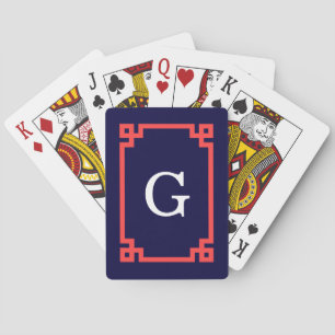 Jeu De Cartes Navy, cadre grec à clé corail Monogramme initial #