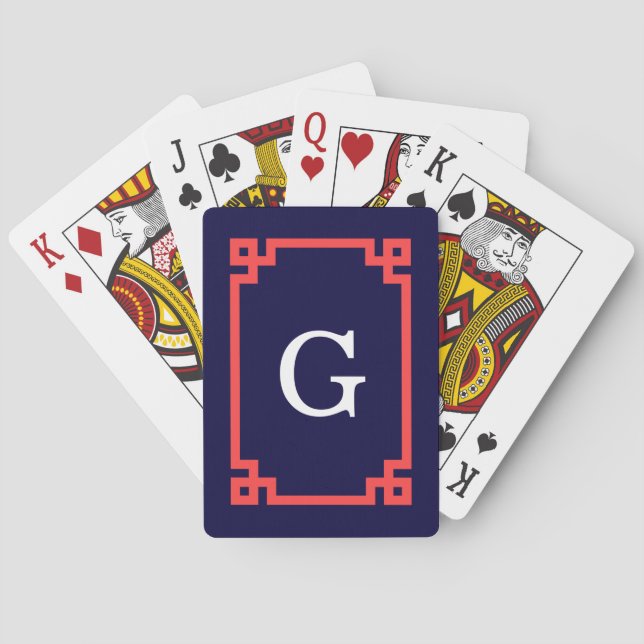 Jeu De Cartes Navy, cadre grec à clé corail Monogramme initial # (dos)