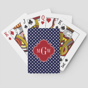 Jeu De Cartes Navy Wht Polka Dot Cranberry Quatrefoil 3 monogram