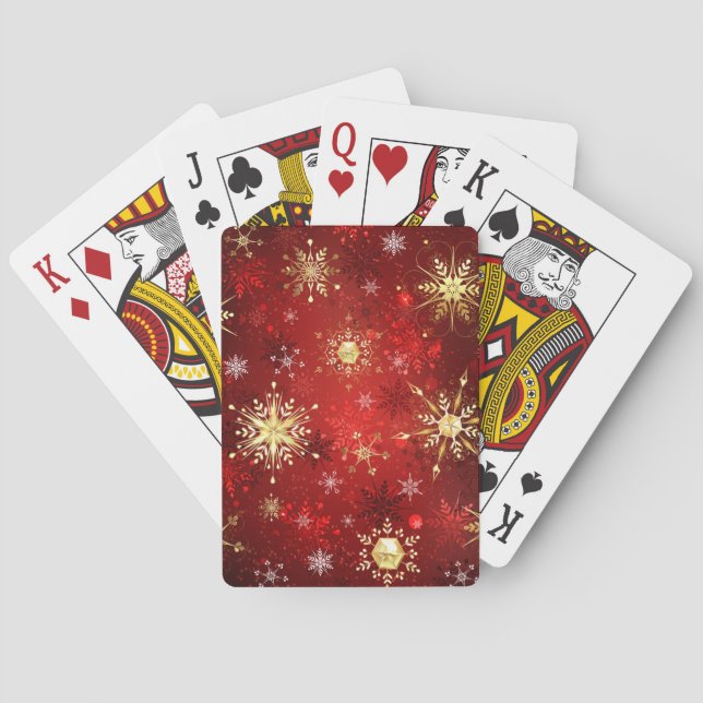 Jeu De Cartes Noël Golden Snowflakes sur Arrière - plan rouge (dos)