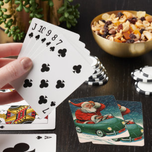 Jeu De Cartes Noël vintage, le Père Noël dans une voiture mignon
