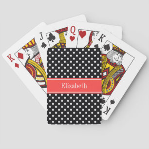 Jeu De Cartes Noir Blanc Pois Corail Nom Rouge Monogramme