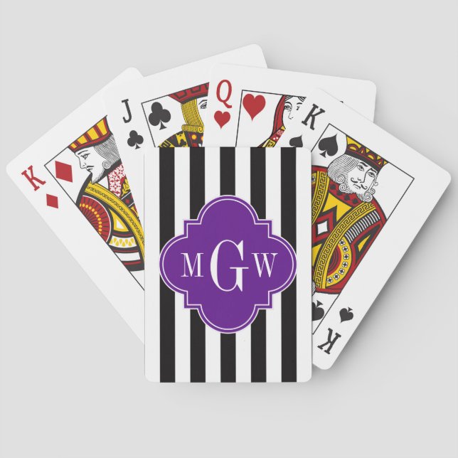Jeu De Cartes Noir Blanc Rayure Violet Quatrefeuille 3 Monogramm (dos)