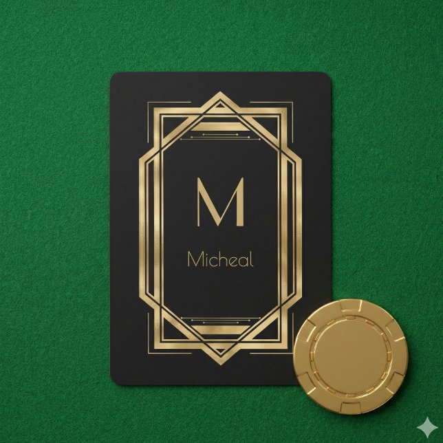 Jeu De Cartes Noir et Or Géométrique | Monogramme & Nom (Créateur téléchargé)