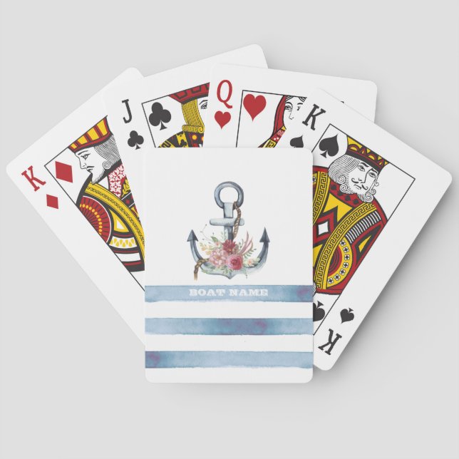 Jeu De Cartes Nom de bateau nautique, fleurs d'ancre rayures (dos)