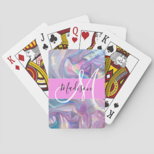 Jeu De Cartes Nom de monogramme holographique iridescent rose fé