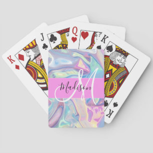Jeu De Cartes Nom de monogramme holographique iridescent rose fé
