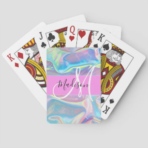 Jeu De Cartes Nom de monogramme holographique iridescent rose fé