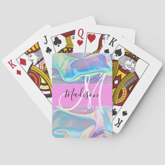 Jeu De Cartes Nom de monogramme holographique iridescent rose fé (dos)