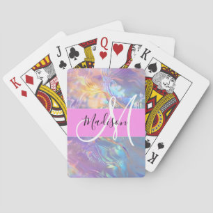 Jeu De Cartes Nom de monogramme holographique iridescent rose fé