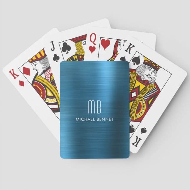 Jeu De Cartes Nom de monogramme métallisé bleu stylé (dos)