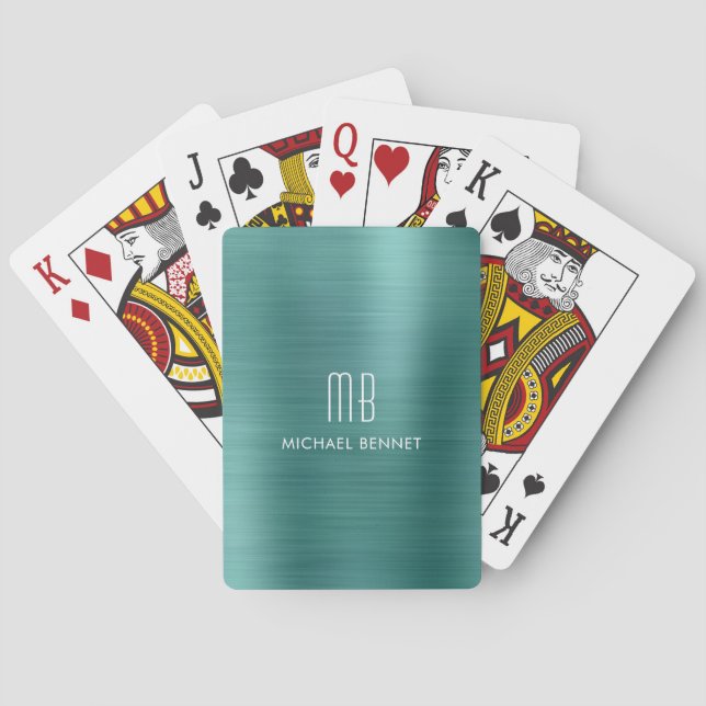 Jeu De Cartes Nom de monogramme métallisé vert élégant brossé (dos)