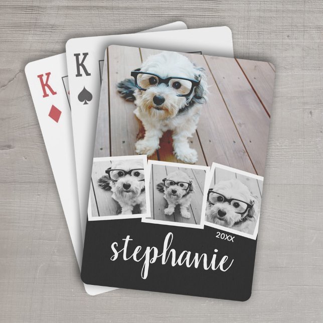 Jeu De Cartes Nom de script de collage photo tendance blanc noir (Personalized Playing Cards - 6 Photo Collage)