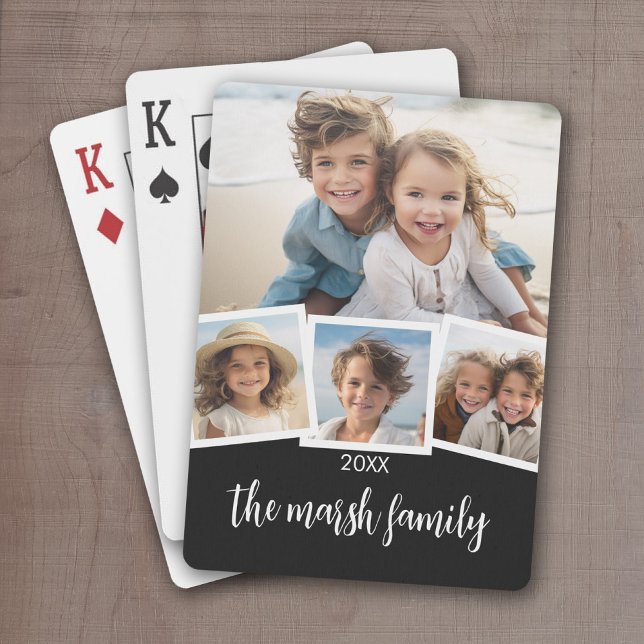 Jeu De Cartes Nom de script de collage photo tendance blanc noir (Personalize this set of playing cards with a photo collage and and family name)