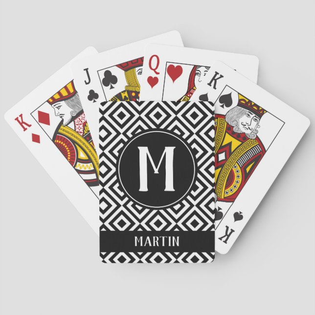 Jeu De Cartes Nom du monogramme Motif géométrique noir et blanc (dos)