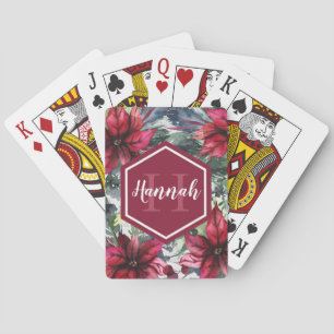 Jeu De Cartes Nom du monogramme personnalisé Poinsettia rouge