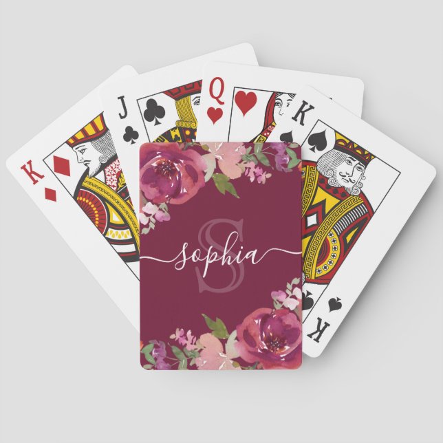Jeu De Cartes Nom du script monogramme floral pourpre (dos)