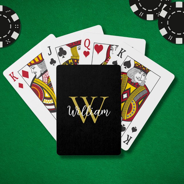 Jeu De Cartes Nom du script Monogramme moderne (Modern and classic black custom personalized playing cards with monogram and first name)