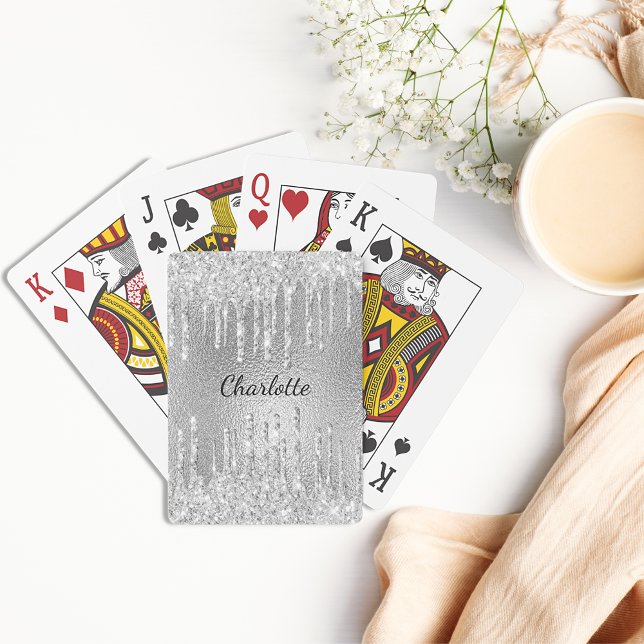 Jeu De Cartes Nom en script avec gouttes de paillettes argentées (Créateur téléchargé)