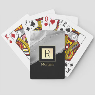 Jeu De Cartes Nom et monogramme, Boîte noire et or, Agate argent