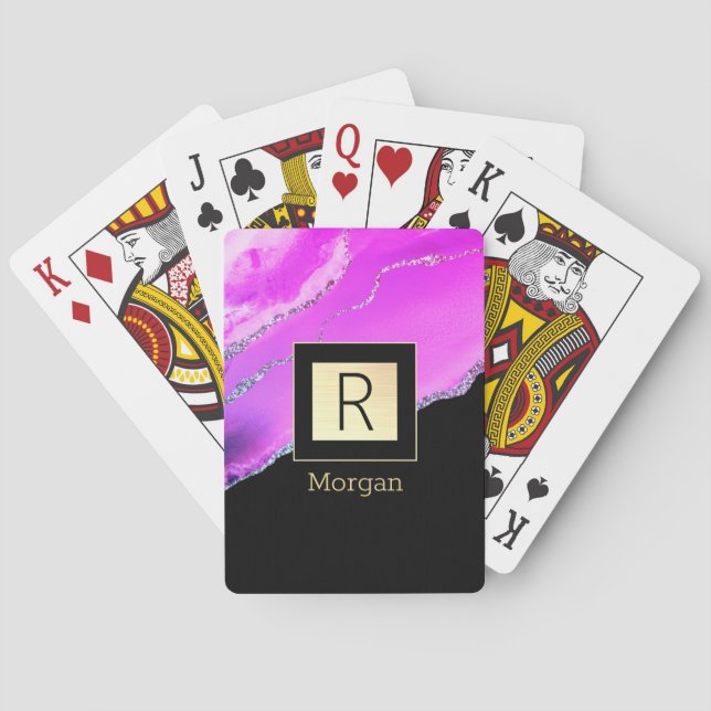 Jeu De Cartes Nom et monogramme, Boîte noire et or, Agate violet (dos)