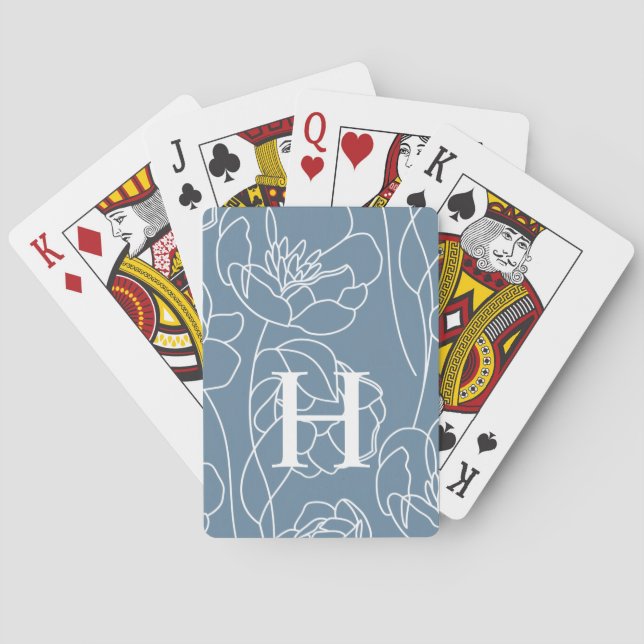 Jeu De Cartes Nom Monogramme Bleu Moderne Fleur Sauvage (dos)