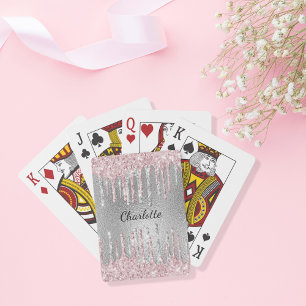 Jeu De Cartes Nom monogramme gouttes de paillettes rose argenté
