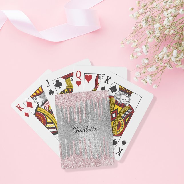 Jeu De Cartes Nom monogramme gouttes de paillettes rose argenté (Créateur téléchargé)
