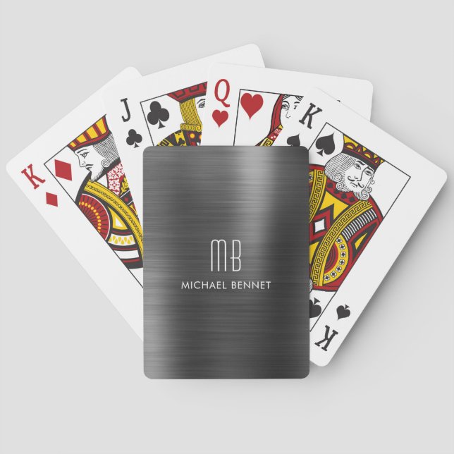 Jeu De Cartes Nom Monogramme Métallisé Noir Élégant (dos)