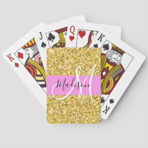 Jeu De Cartes Nom monogramme paillettes scintillantes rose et or