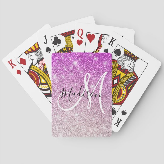 Jeu De Cartes Nom monogramme paillettes violet Girly & Glam (dos)
