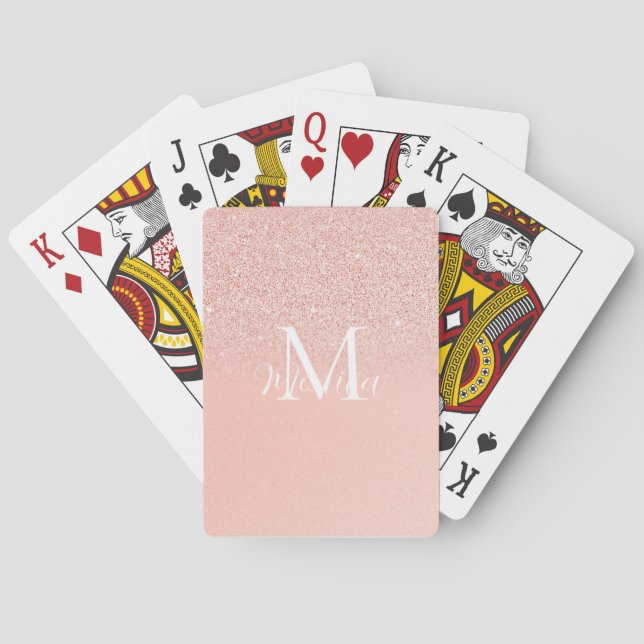 Jeu De Cartes Nom Monogramme Rose Bébé Pailleté Élégant Minimali (dos)