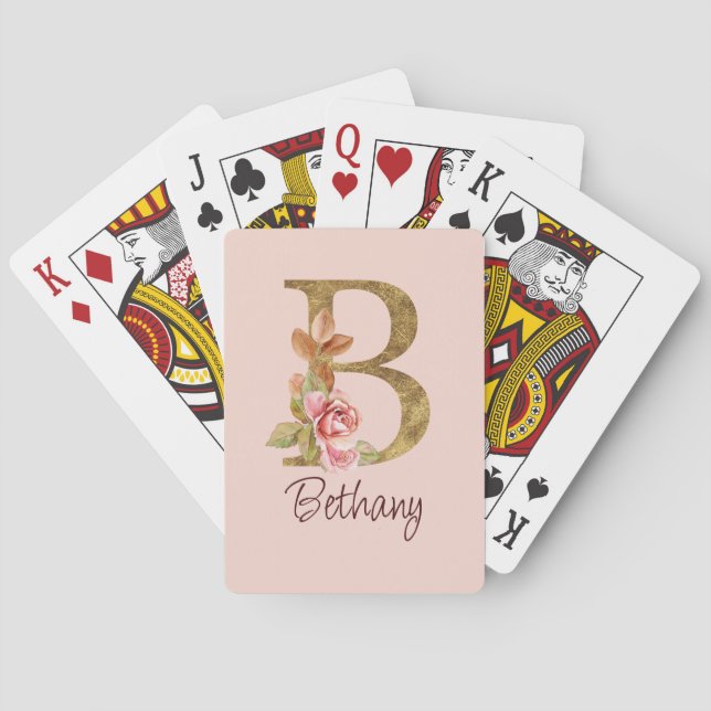 Jeu De Cartes Nom personnalisé Blush Rose Lettre B en or (dos)