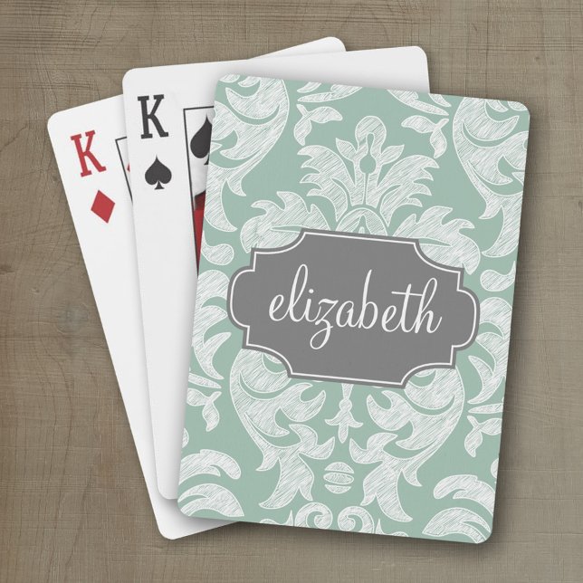 Jeu De Cartes Nom personnalisé du modèle de damas à la menthe et (Personalized playing cards with a fun area to add text such as a name)